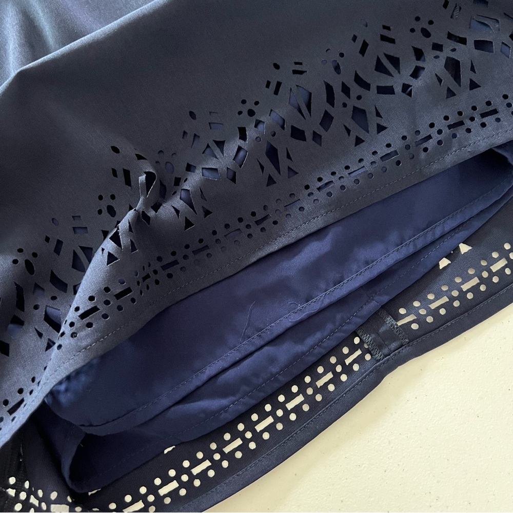 Greylin Melissa  Laser Cut Deep Navy Blue Halter Shift Mini Dress Preppy Sz M - Picture 11 of 15